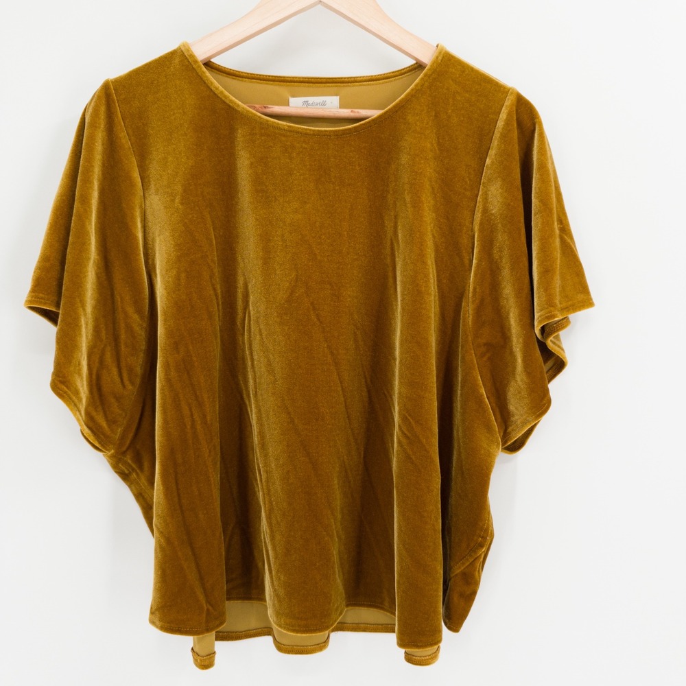 Madewell Velvet Top Women XXL Gold Short Sleeve Flutter Boho Holiday Mustard